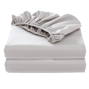 Imagem de Pacote com 2 lençol solteiro de algodão puro GG para cama king size dividido, 600 fios 40,6 cm com bolso profundo de algodão egípcio (2 peças, solteiro GG, bege claro listrado)