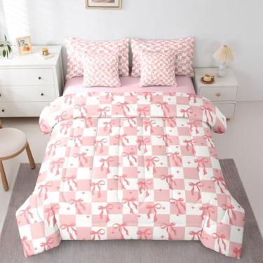 Imagem de Erosebridal Jogo de cama solteiro com laço quadriculado rosa e branco, 7 peças | Conjunto de edredom com laço kawaii fofo com fita estrelada em uma bolsa, conjunto de cama feminino e infantil