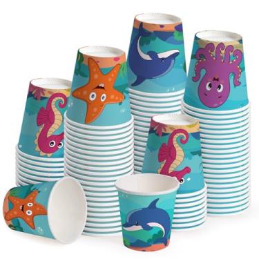 Imagem de WRAPAHOLIC Copos de papel de 85 g – Pacote com 100 copos descartáveis de banheiro com design de cavalo-marinho, golfinho, estrela do mar e polvo, copo pequeno para enxaguante bucal para enxágue de