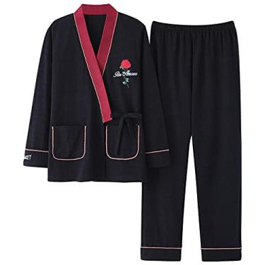 Imagem de HHHJQFAAT Pijama feminino plus size pijama feminino manga longa calça longa roupa de casa pijama (preto médio)