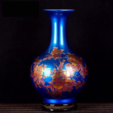 Imagem de SGeneE Jingdezhen Vaso de cerâmica com base cristal esmalte peônia arranjo de flores nova decoração de casa chinesa coleção de artesanato para sala de estar (azul)