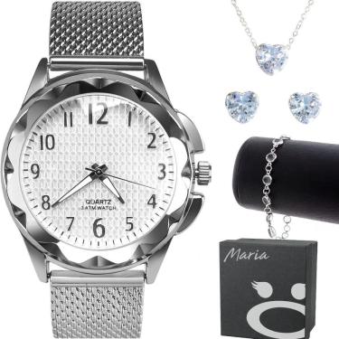 Imagem de Relogio Prata Feminino Prova Dagua Pulseira + Brinco Colar