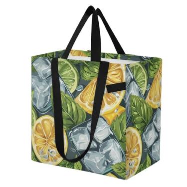 Imagem de SEHANY Sacolas de compras reutilizáveis de verão limão com alças reforçadas, bolsa de compras de lona dobrável à prova d'água de grande capacidade para viagem, cozinha, praia