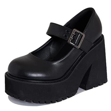 Imagem de AMINUGAL Sapatos femininos Mary Jane de salto plataforma com tira em T e bico redondo bonito e doce salto escarpim uniforme sapato social para Wonen, A - preto fosco, 9