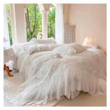 Imagem de Conjunto de capa de edredom de lã de veludo com babados de renda e flores, colcha, fronha, lençol de cama de casamento francês, cama de luxo em uma bolsa (uma cor 1,8 m, saia de cama 4 peças)