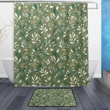 Imagem de Kigai Conjuntos de tapetes de cortina de banho vintage folhas verdes 2 peças, conjunto de tema de banheiro (152 x 182 cm) com cortina de chuveiro e tapete antiderrapante - 12 ganchos