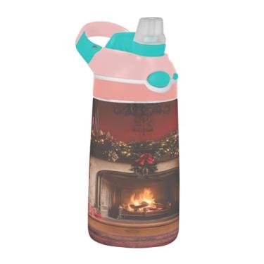 Imagem de xigua Garrafa de água Tritan para lareira de Natal com bico de silicone, 480 ml, portátil, à prova de vazamento, utensílios esportivos com botão bloqueável e alça larga