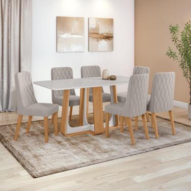 Imagem de Conjunto Sala De Jantar Mesa Easy Pop 170x90cm Tampo Vidro/mdf Com 6 Cadeiras Seat Veludo Liso Capuccino Amendoa Off White