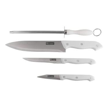 Imagem de Kit Faca Chaira Amolador Inox Cozinha Churrasco Profissional Branco - 