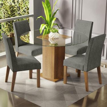 Imagem de Conjunto Sala de Jantar Mesa Tampo de Vidro Redondo 4 Cadeiras Rustic/Silver Mile Madesa