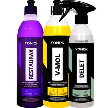 Imagem de Kit Automotiva Lava Autos Desengraxante V-Mol 500ml Restaurador Plastico Restaurax Limpa Pneus Borrachas Delet
