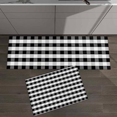 Imagem de Conjunto de 2 tapetes de cozinha preto branco cinza xadrez xadrez padrão geométrico para tapetes e tapetes antiderrapantes absorventes corredor confortável tapete de pé