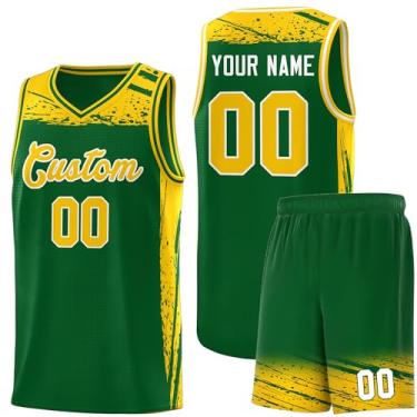 Imagem de Camisa masculina personalizada de basquete juvenil uniforme de treino uniforme impresso personalizado nome do time logotipo número, Verde e amarelo - 30, One Size