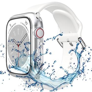 Imagem de Capa 3 em 1 à prova d'água para Apple Watch Band 41 mm com policarbonato rígido, capa à prova d'água, película de vidro temperado 9H integrada para iWatch Series 7/8 pulseira de silicone para mulheres e homens (41 mm, transparente fosco)