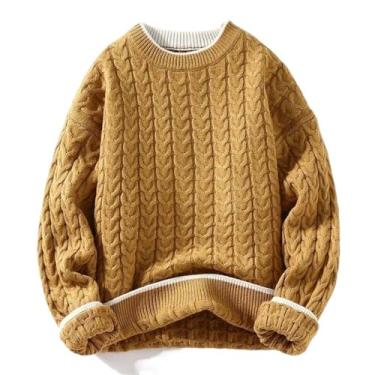 Imagem de Aoleaky Suéter de inverno grosso quente masculino gola redonda pulôver de tricô masculino solto tricô casual casal, Amarelo, GG
