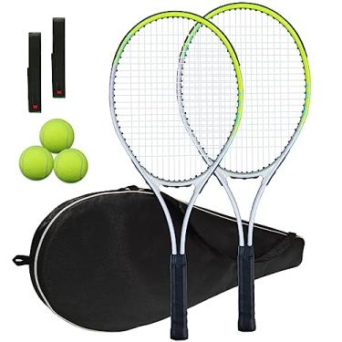 Imagem de Raquete de tênis pré-amarrada leve de 68 cm, raquete recreativa para adultos, para homens, mulheres, estudantes, treinamento, kit de tênis com bolas, bolsa de transporte e overgrips (verde/branco – 2 raquetes)