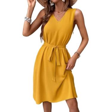 Imagem de Camisa Feminina Solid V Neck Sleeveless Belted Dress (Color : Yellow, Size : M)