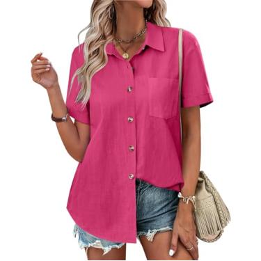 Imagem de Zeagoo Camisetas femininas com botões coloridas, manga curta, algodão, linho, blusas casuais de verão, Rosa choque, XXG