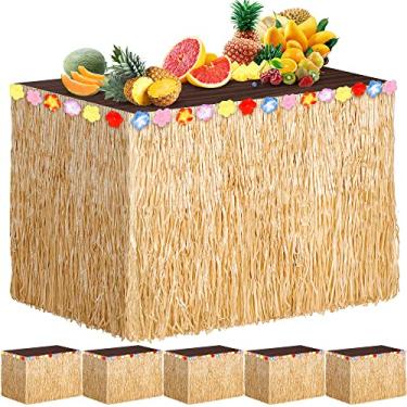 Imagem de ADXCO Pacote com 6 saias de mesa Luau Grass com franja marrom 260 x 76 cm, saias de mesa havaianas de hibisco tropical, decorações de festa para eventos temáticos da Moana, aniversário