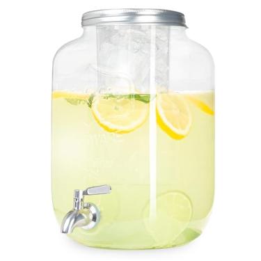 Imagem de Dispensador de bebidas de vidro para ambientes externos com torneira de aço inoxidável e cilindro de gelo – Dispensador de bebidas de 7 litros para chá, limonada, água fria e mais