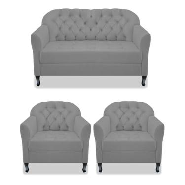 Imagem de Kit Namoradeira Recamier Sofá mais 02 Poltrona Julia Pés Luís Xv Com Botonê Quarto Sala de Estar Recepção Corano Cinza - AM Decor