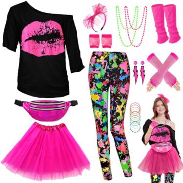 Imagem de WlLDPARTY Conjunto de acessórios de fantasia feminina anos 80, camiseta, leggings, saia tutu, pochete para faixa de cabeça, luvas arrastão, Leggings-colorido-lips-plus, Large