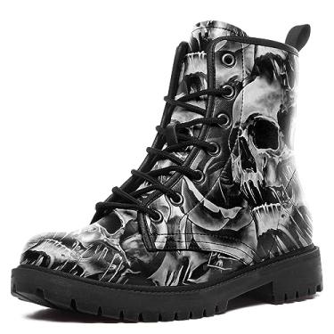 Imagem de coolcustomize Botas de combate masculinas femininas modernas com cadarço crânio rosa tornozelo salto grosso plataforma botas de trabalho de couro, Preto 4, 9 Women/7.5 Men