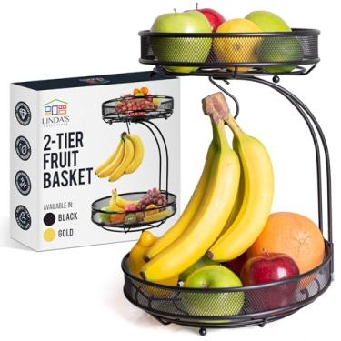 Imagem de Cesta de frutas de 2 camadas, tigela de frutas para balcão de cozinha para armazenamento de frutas e vegetais, cesta de frutas para balcão de cozinha, tigela de frutas com cabide de banana, cesta de