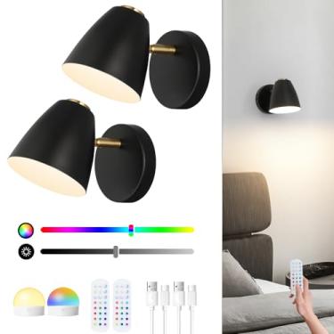 Imagem de OIYIO Conjunto de 2 arandelas de parede operadas por bateria, iluminação de parede preta recarregável com controle remoto, RGB 15 cores reguláveis sem fio, luzes de arandela para quarto, sala de
