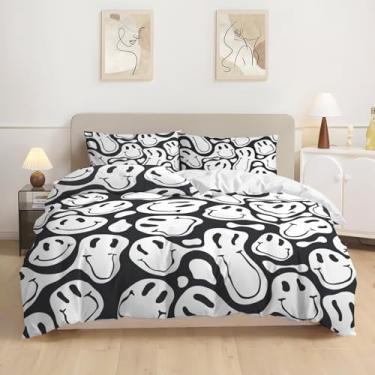 Imagem de Watbro Capa de edredom infantil, conjunto de cama hippie retrô, 3 peças, conjunto de cama de microfibra macia com fecho de zíper e laços de canto, roupa de cama feminina com fronha - preto e branco,