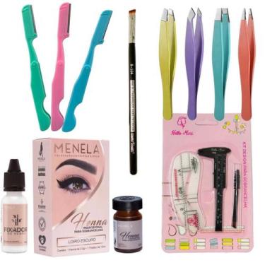 Imagem de Kit Designer Sobrancelhas Henna MENELA Completo 4 Pinças 3 Navalhas Pi