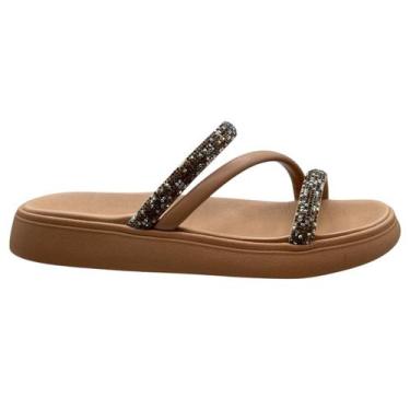 Imagem de Chinelo Slide Rasteira Tiras Strass Moleca 5469.121.2542, Multi camel,