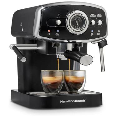 Imagem de Máquina de Café Expresso 15 Bar com Bocal de Leite, 2 Bicos e Reservatório Removível, 110V 1050W, Hamilton Beach Slide Lock, Preta
