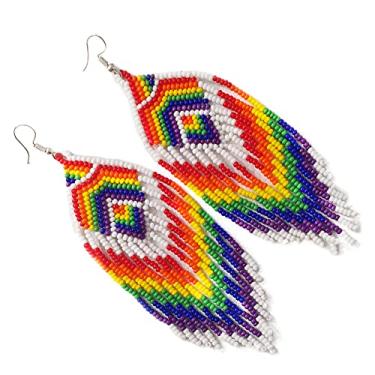 Imagem de Brincos longos com miçangas – Brincos de franja de contas de sementes nativas boho nativo feito à mão, boêmios, grandes, com contas de contas, para mulheres e meninas #03, Free size, c/z contas de semente de vidro 11/0, c/z contas de semente de vidro 11/0
