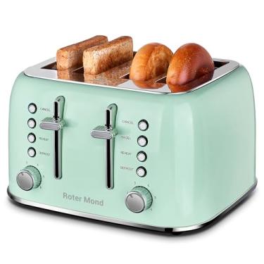 Imagem de Roter Mond Toaster 4 Slice Retro Stainless Steel with Extra Wide Slots Bagel, Defrost, Reheat Function, Dual Independent Control Panel, Removable Crumb Tray, 6 Browning Levels, Aqua Green