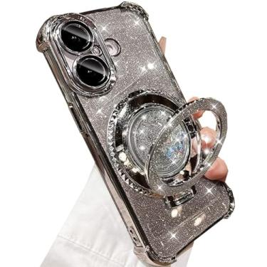 Imagem de Changjia Capa com suporte líquido com glitter para iPhone 16, linda capa de telefone de luxo brilhante com protetor de câmera, anel fluido, revestimento de TPU (poliuretano termoplástico) à prova de