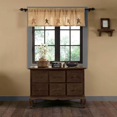 Imagem de VHC Brands Cortinas de janela de cozinha primitivas - Stratton Tan com aplicação de estopa Star Valance