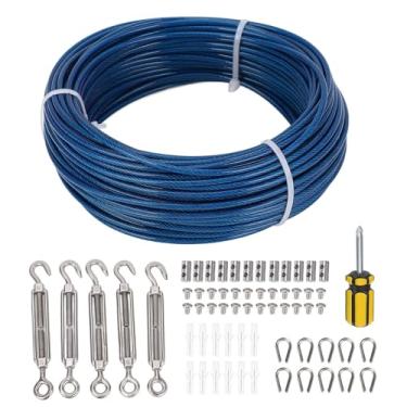 Imagem de Kit Tensor de Esticador de Corda de Fio de Aço Revestido de Plástico Azul de 100 Pés, Configuração de Cabo de Luzes Suspensas para Exterior, Bom para Agarrar Cerca de Plantas