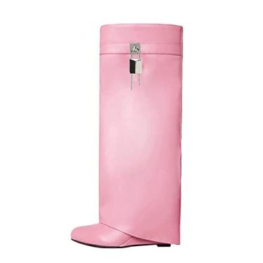 Imagem de Arqa Botas femininas dobráveis na altura do joelho com salto em cunha cobertas com cadeado bico amêndoa, bico largo, sem fecho, botas modernas, sapatos de festa, rosa, 37