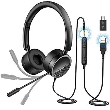 Imagem de New bee Fone de ouvido USB com microfone para PC, fones de ouvido intra-auriculares para laptop com microfone com cancelamento de ruído e adaptador USB-C para home office aula on-line Skype Zoom