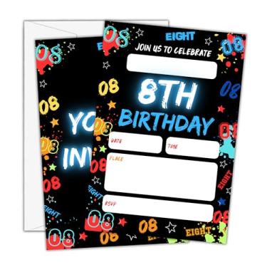 Imagem de Beshoul Convites de aniversário - Convites Glow Neon 8th Bday com envelopes para meninos e meninas (25 unidades) - Cartões de convite de festa digitais para decorações de lembrancinhas - H03