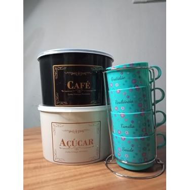 Imagem de Conjunto de Xícaras Empilháveis AMOR, 4 Peças de 200ml, com Flores, Suporte em Aço Inox + 2 potes (verde tiffany)