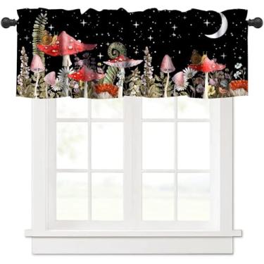 Imagem de JanJCurt Cortina de janela retrô de cogumelo, rústica gótica aquarela vermelha rosa cogumelo natural samambaias botânicas flores silvestres cortina blackout para janela para cozinha, quarto, sala de
