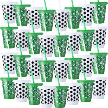 Imagem de Sieral 30 copos de futebol com canudos e tampas copos de futebol de 473 ml copos de plástico branco verde reutilizável café gelado caneca de viagem para decoração de festa temática esportiva
