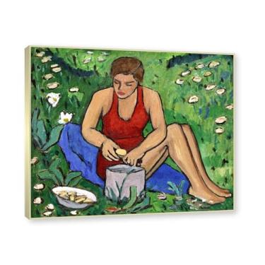 Imagem de NHLDZYH Moldura dourada champanhe. Quadros de pinturas famosas. (Senhorita Ellen na erva) por Gabriele Münter. Impressão em tela. Quadros decoração de parede 60 x 72 cm