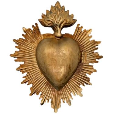 Imagem de Ornamento de parede de coração Milagros de metal | 12,7 cm de altura | Decoração de parede religiosa de arte popular mexicana | Tom dourado | Símbolo do Coração Imaculado de Maria | Decoração de casa