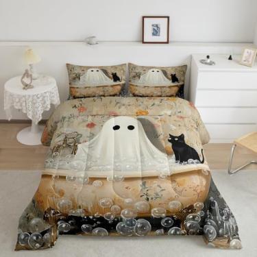 Imagem de Manfei Jogo de cama casal fantasma para crianças e adultos, conjunto de cama engraçado de gato de Halloween, decoração de quarto de meninos e meninas, conjunto de edredom floral vintage, 3 peças