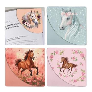 Imagem de IBOVODI Marcadores de livro de canto de cavalo para crianças, 4 peças, acessórios de livro de couro de flor em aquarela para amantes de livros, marcadores de página de leitura de animais fofos para