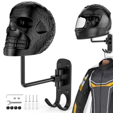 Imagem de Suporte de capacete de motocicleta de caveira, suporte de parede de rotação de 180°, artesanato de metal, suporte de capacete em forma de crânio com gancho duplo para capacete de futebol/bicicleta