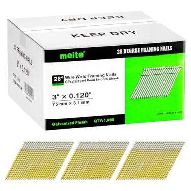 Imagem de meite Pregos de enquadramento de 28 graus, 7,5 cm, solda de arame, haste lisa de cabeça redonda deslocada para pistola de pregador de moldura de 28° (1.000 peças) Acabamento galvanizado